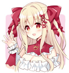 1girl :d blonde_hair blush bow breasts cleavage hair_between_eyes hair_bow hair_ribbon hand_up leoria_(red_corruption) long_hair medium_breasts meito_(maze) open_mouth pink_background red_bow red_corruption red_eyes red_ribbon ribbon smile solo strapless two-tone_background two_side_up upper_body white_background wrist_cuffs