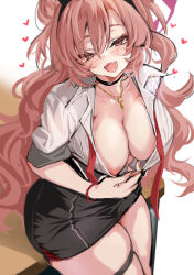 Rule 34 | 1girl, black choker, blue archive, blush, bracelet, breasts, brown eyes, choker, cle masahiro, collared shirt, commentary request, fang, fingernails, hair between eyes, heart, highres, indoors, jewelry, kirara (blue archive), large breasts, long hair, long sleeves, necklace, nipples, open mouth, partially unbuttoned, pencil skirt, pink hair, shirt, skin fang, skirt, smile, solo, thigh strap, very long hair, white shirt