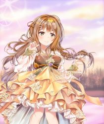 Rule 34 | braid, breasts, brown eyes, brown hair, butterfly hair ornament, closed mouth, cloud, commentary, girls&#039; frontline, hair ornament, hairclip, hanbok, hand up, k2 (far east princess) (girls&#039; frontline), k2 (girls&#039; frontline), korean clothes, lake, layered skirt, long hair, long sleeves, medium breasts, mutang, official alternate costume, outdoors, pleated skirt, see-through, single braid, skirt, sky, smile, solo, standing, sunlight, sunset, tree, very long hair, water, yellow skirt