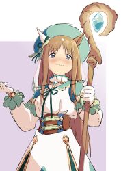 Rule 34 | 1girl, absurdres, animal ears, blue eyes, blush, brown hair, corset, ear covers, grass wonder (saint jade healer) (umamusume), grass wonder (umamusume), green headwear, green ribbon, highres, holding, holding staff, horse ears, horse girl, long hair, looking at viewer, mugi0913, neck ribbon, official alternate costume, purple background, ribbon, simple background, single ear cover, solo, staff, two-tone background, umamusume, upper body, white background