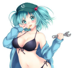 Rule 34 | 1girl, aqua eyes, aqua hair, bad id, bad pixiv id, bikini, black bikini, blue eyes, blue hair, blush, breasts, cleavage, etou (cherry7), front-tie top, hair bobbles, hair ornament, hat, highres, jacket, kawashiro nitori, key, large breasts, long sleeves, looking at viewer, matching hair/eyes, mouth hold, navel, off shoulder, open clothes, open jacket, parted lips, short hair, side-tie bikini bottom, simple background, solo, strap gap, swimsuit, touhou, twintails, two side up, white background, wrench