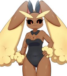 Rule 34 | 1girl, :3, animal ears, animal nose, arm at side, bare shoulders, black hairband, black leotard, black sclera, body fur, breasts, brown fur, cleavage, closed mouth, clothed pokemon, colored sclera, covered navel, cowboy shot, creatures (company), detached collar, fake animal ears, female focus, furry, furry female, game freak, gen 4 pokemon, hairband, hand on own hip, happy, highres, leotard, looking at viewer, lopunny, medium breasts, nintendo, playboy bunny, pokemon, pokemon (creature), rabbit ears, rabbit girl, red eyes, shiny skin, simple background, smile, solo, standing, strapless, strapless leotard, sum (ganach24), two-tone fur, white background, yellow fur