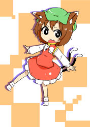 Rule 34 | 1girl, absurdres, animal ear fluff, animal ear piercing, animal ears, bow, bowtie, bright pupils, brown eyes, brown hair, cat ears, cat tail, chen, chibi, commentary request, drop shadow, e-hu-saihusa, earrings, full body, gold trim, green hat, hat, highres, jewelry, legs apart, long sleeves, looking at viewer, mob cap, multiple tails, nekomata, no shoes, open mouth, petticoat, puffy long sleeves, puffy sleeves, red skirt, red vest, simple background, single earring, skirt, skirt set, socks, solo, tail, teeth, touhou, two tails, upper teeth only, vest, white bow, white bowtie, white pupils, white socks