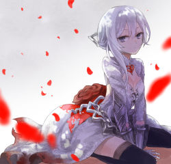 Rule 34 | 1girl, asymmetrical hair, bad id, bad pixiv id, breasts, center opening, cleavage, dress, flower, gloves, grey eyes, kneeling, masunosushi, petals, rose, rose petals, sinoalice, snow white (sinoalice), solo, thighhighs, white hair