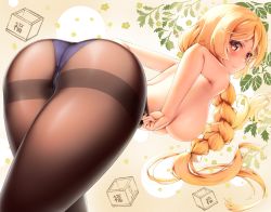 Rule 34 | 1girl, alternate hair color, ass, black pantyhose, blush, braid, breasts, closed mouth, commentary request, etsunami kumita, fingernails, hair between eyes, highres, kantai collection, large breasts, light brown hair, long hair, looking at viewer, looking back, minegumo (kancolle), panties, panties under pantyhose, pantyhose, smile, solo, standing, thighband pantyhose, topless, twin braids, underwear, underwear only, undressing