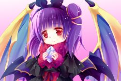 Rule 34 | 1girl, black capelet, black dress, black hairband, black wings, blush, capelet, chibi, closed mouth, crystal, dragon wings, dragonstone, dress, fire emblem, fire emblem: the sacred stones, fur collar, gradient background, hairband, hands up, holding, long hair, long sleeves, myrrh (fire emblem), nintendo, pink background, purple hair, purple wings, red eyes, sasaki fumi, sidelocks, sleeves past wrists, smile, solo, twintails, upper body, wings