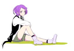 Rule 34 | 1girl, ayatori (sensei heroism), dokidoki! precure, kenzaki makoto, looking at viewer, precure, purple hair, shorts, sitting, solo, white background
