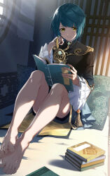 Rule 34 | 1boy, absurdres, bare legs, barefoot, blue hair, book, book stack, chinese clothes, commentary request, feet, fingernails, frilled sleeves, frills, full body, gem, genshin impact, grin, hand up, highres, holding, holding book, indoors, itsumono katze, jacket, jewelry, knees apart feet together, knees up, legs, long sleeves, male focus, open book, parted bangs, pillow, short hair, shorts, sitting, smile, solo, toenails, toes, wide sleeves, window, xingqiu (genshin impact), yellow eyes