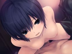 Rule 34 | 1girl, bare shoulders, blue eyes, blue hair, blush, breasts, censored, clothes, coffee-kizoku, collarbone, dutch angle, from above, game cg, hair between eyes, indoors, looking at viewer, looking up, love es m, nipples, nude, open mouth, penis, pov, sex, short hair, solo focus, spread legs, sweat, tsurutani ayaka