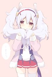 Rule 34 | 1girl, animal ears, azur lane, coat, commentary request, expressionless, fake animal ears, hair lift, hairband, holding, holding own hair, laffey (azur lane), lifting own clothes, light purple hair, long hair, pink coat, rabbit ears, red eyes, red skirt, shiratama (shiratamaco), skirt, solo, thighhighs, twintails, white thighhighs
