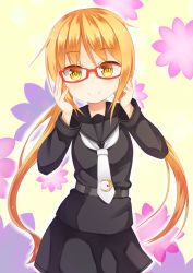 Rule 34 | 10s, 1girl, bespectacled, binsen, black serafuku, black skirt, blonde hair, crescent, floral background, glasses, kantai collection, long sleeves, looking at viewer, low twintails, neckerchief, pleated skirt, red-framed eyewear, sailor collar, satsuki (kancolle), school uniform, serafuku, skirt, smile, solo, tie clip, twintails, yellow eyes