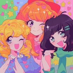 Rule 34 | 3girls, aqua eyes, black hair, blonde hair, blossom (ppg), blue eyes, blush, bow, bubbles (ppg), buttercup (ppg), green scarf, hair bow, hair ornament, hairclip, hands up, heart, highres, long sleeves, looking at viewer, meowwniz, multiple girls, one eye closed, open mouth, orange hair, pink eyes, powerpuff girls, red bow, scarf, smile, sparkle, star (symbol), swept bangs, upper body