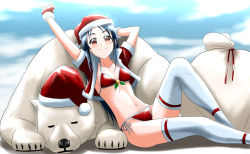 Rule 34 | 1girl, arm up, bear, bikini, blue hair, blurry, blurry background, breasts, brown eyes, christmas, cleavage, fingerless gloves, fur-trimmed gloves, fur-trimmed headwear, fur-trimmed jacket, fur trim, gift bag, gloves, hat, highres, jacket, looking at viewer, open clothes, open jacket, original, red bikini, red gloves, red hat, red jacket, santa hat, short sleeves, side-tie bikini bottom, sideboob, sitting, small breasts, solo, swimsuit, takaya n, thighhighs, white thighhighs