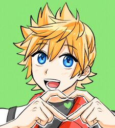 Rule 34 | 1boy, :d, black shirt, blonde hair, blue eyes, close-up, heart, heart hands, heart in heart hands, kingdom hearts, kingdom hearts birth by sleep, light blush, looking at viewer, male focus, open mouth, outline, shirt, smile, solo, sunx7443, ventus (kingdom hearts), white outline, white shirt