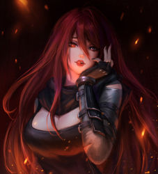Rule 34 | 1girl, arm guards, breasts, chaosringen, cleavage, commission, dark background, fingerless gloves, fires, gloves, hair between eyes, hand on own face, heterochromia, highres, large breasts, licking lips, lips, long hair, looking at viewer, original, parted lips, portrait, red hair, scarf, solo, tongue, tongue out, torn clothes, upper body