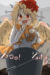 Rule 34 | 1girl, bird wings, blonde hair, blush, boots, bow, brown footwear, bucket, feathered wings, highres, implied peeing, long sleeves, multicolored hair, niwatari kutaka, open mouth, red bow, red eyes, shirt, short hair, solo, touhou, two-tone hair, uisu (noguchipint), white shirt, wings, yellow wings