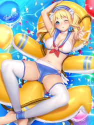 Rule 34 | 1girl, ;o, anchor, bad arm, ball, barefoot, beachball, bikini, blonde hair, blue eyes, blush, breasts, choker, from above, gang of heaven, hat, inflatable toy, innertube, knees apart feet together, long hair, masami chie, medium breasts, navel, one eye closed, sailor hat, spread legs, swim ring, swimsuit, twintails, water, white choker, white legwear