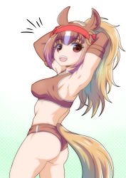 Rule 34 | 10s, 1girl, animal ears, armpits, arms behind head, arms up, ass, back, blonde hair, breasts, brown eyes, brown hair, brown sports bra, buruma, chestnut thoroughbred (kemono friends), cowboy shot, dotted background, elbow gloves, gloves, hand on own head, highres, horse ears, horse girl, horse tail, kemono friends, long hair, looking at viewer, looking back, mamiyama, medium breasts, midriff, multicolored hair, open mouth, ponytail, sidelocks, simple background, smile, solo, sports bra, sportswear, standing, stomach, tail, white background, white hair
