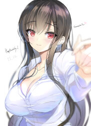 Rule 34 | 1girl, black hair, breasts, cleavage, dress shirt, emily (pure dream), eyebrows hidden by hair, large breasts, long hair, looking at viewer, omaezaki yuu, red eyes, shirt, simple background, smile, solo, study steady, upper body, white background, white shirt