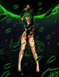 Rule 34 | 1girl, arms up, black dress, breasts, curly hair, dark background, dress, full body, ganassa, glowing, green hair, highres, looking at viewer, no panties, no shoes, one-punch man, open mouth, short hair, solo, tatsumaki, torn clothes