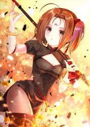 Rule 34 | 1girl, ahoge, bracelet, brown eyes, brown hair, china dress, chinese clothes, cleavage cutout, clothing cutout, dress, facial mark, fate/grand order, fate (series), flaming weapon, forehead mark, highres, iroha (shiki), jewelry, nezha (fate), polearm, solo, spear, twintails, weapon