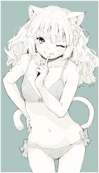 Rule 34 | 1girl, animal ears, blue background, bra, cat ears, cat girl, cat tail, hand on own hip, highres, leoharju, long hair, looking at viewer, navel, one eye closed, original, panties, simple background, solo, tail, tongue, underwear