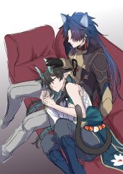 Rule 34 | 2boys, absurdres, animal ears, black gloves, black hair, blade (honkai: star rail), blue hair, chinese clothes, closed mouth, couch, dan heng (honkai: star rail), dan heng (imbibitor lunae) (honkai: star rail), dragon boy, dragon horns, earrings, eyeliner, fetal position, gloves, go ya o, green horns, grey pants, hair between eyes, highres, honkai: star rail, honkai (series), horns, jewelry, long hair, long sleeves, looking at another, looking down, male focus, multiple boys, on couch, pants, parted bangs, pointy ears, red eyeliner, sitting, sleeping, touching another&#039;s horn