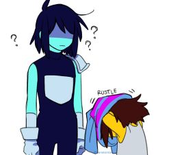 Rule 34 | 2others, ?, blue hair, brown hair, deltarune, english text, frisk (undertale), hair over eyes, height difference, kris (deltarune), long sleeves, messy hair, multiple others, nenekantoku, other focus, shaded face, shirt, short hair, simple background, striped clothes, striped shirt, turtleneck, twitter username, undershirt, undertale, undressing, white background