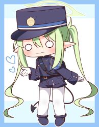 Rule 34 | 1girl, armband, belt, belt buckle, black belt, black footwear, black hat, black jacket, black shorts, blue archive, blue background, blue border, blush, border, buckle, chibi, closed mouth, demon tail, full body, gloves, green hair, halo, hana kazari, hat, heart, nozomi (blue archive), highres, jacket, long hair, long sleeves, looking at viewer, o o, outline, pantyhose, pantyhose under shorts, peaked cap, pointy ears, shoes, short shorts, shorts, sleeves past wrists, solo, standing, tail, twintails, two-tone background, v-shaped eyebrows, very long hair, wavy mouth, white background, white gloves, white outline, white pantyhose