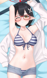 Rule 34 | 1girl, ;), arm behind head, armpits, arms up, ayane (blue archive), ayane (swimsuit) (blue archive), bare shoulders, beach, bikini, black hair, blue archive, blue bikini, blush, braid, breasts, day, flower, front-tie bikini top, front-tie top, glasses, hair between eyes, hair flower, hair ornament, hair tie, halo, highres, hip focus, kurisu-kun, long sleeves, lying, medium breasts, medium hair, micro shorts, navel, off shoulder, on back, one eye closed, open clothes, open shirt, outdoors, red halo, shirt, shorts, single braid, smile, solo, stomach, striped bikini, striped clothes, swimsuit, thigh gap, unbuttoned, white flower, white shirt, yellow eyes