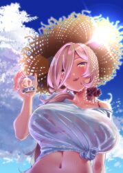 Rule 34 | 1girl, blonde hair, blue sky, blush, bra, breasts, cloud, collarbone, cup, fang, from below, front ponytail, hair between eyes, hakkaku shikimi, hat, highres, holding, holding cup, ice, ice cube, large breasts, lips, long hair, looking at viewer, midriff, navel, nijisanji, nui sociere, off-shoulder shirt, off shoulder, open mouth, ponytail, see-through, see-through shirt, shirt, skin fang, sky, slit pupils, smile, solo, straw hat, summer, sun hat, sweat, teeth, tied shirt, underwear, upper teeth only, virtual youtuber, wet, wet clothes, wet shirt, white shirt, witch, yellow eyes