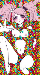 Rule 34 | absurdres, bare arms, bare legs, bare shoulders, bare stomach, barefoot, bear hair ornament, blush, bottomless, candy, commission, commissioner upload, convenient censoring, danganronpa: trigger happy havoc, danganronpa (series), enoshima junko, eyelashes, fake nails, feet, fingernail polish, fingernails, food, full body, grey eyes, gummy worm, hair ornament, highres, junkoexe, legs, long eyelashes, long hair, navel, nipples, nude, pale skin, partially submerged, pink hair, reaching, reaching towards viewer, topless