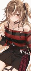 Rule 34 | 1girl, ahoge, belt, belt chain, black choker, black nails, black ribbon, black skirt, black sweater, brown eyes, brown hair, chain, chain necklace, choker, emo fashion, feathers, frilled choker, frills, hair over one eye, hair ribbon, highres, hololive, hololive english, jewelry, long hair, looking at viewer, multicolored hair, nanashi mumei, nanashi mumei (emo), necklace, o-ring, o-ring thigh strap, official alternate costume, one side up, plaid, plaid skirt, pleated skirt, red skirt, red sweater, ribbon, skirt, streaked hair, sweater, sweater partially tucked in, thigh strap, torn clothes, torn sweater, two-tone sweater, venn (vebonbon), very long hair, virtual youtuber