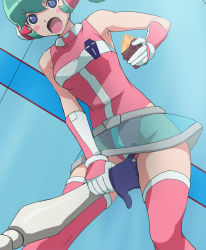 Rule 34 | 1girl, annoyed, blue eyes, blush stickers, breasts, calen (time bokan), gloves, green hair, haruyama kazunori, joints, legs, leotard, open mouth, pink thighhighs, ponytail, robot joints, see-through, see-through skirt, short hair, skirt, sleeveless, solo focus, standing, thigh gap, thighhighs, thighs, time bokan (series), time bokan 24, upskirt, white gloves