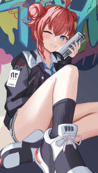 Rule 34 | 1girl, absurdres, ahoge, black socks, blue archive, blue eyes, blue necktie, blush, can, collared shirt, double bun, graffiti, grin, guree (haiiro), hair bun, halo, highres, holding, holding can, id card, jacket, looking at viewer, maki (blue archive), necktie, one eye closed, pleated skirt, red hair, shirt, shoes, short hair, sidelocks, sitting, skirt, smile, sneakers, socks, solo, spray can, sweater vest, white shirt