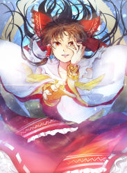 Rule 34 | 1girl, bad id, bad pixiv id, bare shoulders, bow, bracelet, brown eyes, brown hair, cibo (killy), dress, earrings, embellished costume, gold, hair bow, hair tubes, hakurei reimu, jewelry, letterboxed, long hair, long sleeves, looking at viewer, neckerchief, outstretched arm, red dress, shawl, solo, sparkle, touhou, very long hair