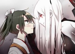 Rule 34 | 10s, 2girls, abyssal ship, aircraft carrier princess, blush, colored skin, grey hair, hand on another&#039;s face, kantai collection, long hair, multiple girls, one side up, pale skin, ponytail, red eyes, twintails, white skin, yuri, yuyupo, zuikaku (kancolle)