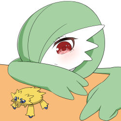Rule 34 | 1girl, animated, blue eyes, blush, bob cut, bouncing, closed mouth, colored skin, creature, creatures (company), expressionless, female focus, full body, game freak, gardevoir, gen 3 pokemon, gen 5 pokemon, green hair, green skin, hair over one eye, joltik, looking at another, looping animation, multicolored skin, naezoo, nintendo, one eye covered, pokemon, pokemon (creature), red eyes, short hair, sideways mouth, tagme, two-tone skin, video, white skin