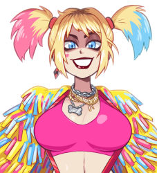 Rule 34 | 1girl, aqua hair, batman (series), blonde hair, blue eyes, breasts, chain, dc comics, earrings, eyeshadow, facial mark, harley quinn, heart, heart facial mark, jewelry, large breasts, makeup, mike luckas, multicolored hair, necklace, open mouth, pink hair, sidelocks, simple background, smile, solo, suspenders, upper body, white background