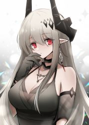 Rule 34 | 1girl, 3 (sanyako1), arknights, bare shoulders, black choker, black dress, black gloves, breasts, choker, cleavage, closed mouth, detached sleeves, dress, earrings, gloves, gradient background, grey background, grey hair, hair ornament, hand on own face, hand up, highres, horns, jewelry, large breasts, long hair, looking at viewer, mudrock (arknights), mudrock (obsidian) (arknights), necklace, official alternate costume, pointy ears, red eyes, short sleeves, solo, upper body, very long hair