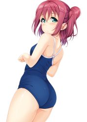 Rule 34 | 1girl, aqua eyes, ass, bad id, bad twitter id, blue one-piece swimsuit, commentary request, competition school swimsuit, cowboy shot, from behind, highres, hino minato (spec.c), kurosawa ruby, looking at viewer, love live!, love live! sunshine!!, medium hair, one-piece swimsuit, red hair, school swimsuit, school uniform, simple background, solo, standing, swimsuit, two side up, white background