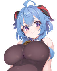 Rule 34 | 1girl, :q, absurdres, ahoge, alternate breast size, aria (koiiroharemoyou), bare shoulders, bell, blue hair, blush, bodystocking, breasts, commentary request, covered erect nipples, eyelashes, from below, ganyu (genshin impact), genshin impact, highres, large breasts, long hair, looking at viewer, low ponytail, naughty face, neck bell, purple eyes, sidelocks, sleeveless, smile, solo, tongue, tongue out, upper body, variant set, white background