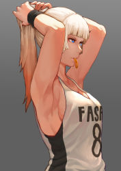 Rule 34 | 1girl, absurdres, armpits, arms up, artist name, basketball uniform, blonde hair, blue eyes, blunt bangs, breasts, clothes writing, fasai roll out, gradient hair, grey background, hair tie, highres, long hair, medium breasts, mouth hold, multicolored hair, original, pavarit songsomboon, ponytail, red hair, sideboob, simple background, sleeveless, solo, sportswear, sweatband, tying hair, upper body