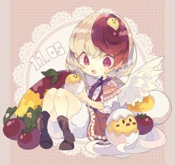 Rule 34 | 1girl, animal, animal on head, bird, bird on head, blonde hair, blush, boots, brown footwear, chibi, chick, commentary request, dated, doily, egg, feathered wings, food, full body, hatching, highres, holding, knees up, multicolored hair, nikorashi-ka, niwatari kutaka, omelet, omurice, on head, open mouth, orange skirt, polka dot, polka dot background, puffy short sleeves, puffy sleeves, red eyes, red hair, red neckwear, shirt, short sleeves, sitting, skirt, solo, tomato, touhou, two-tone hair, white shirt, wings