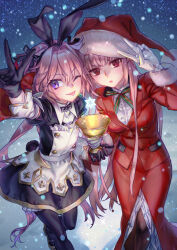 Rule 34 | 1boy, 1girl, animal ears, astolfo (fate), astolfo (saber) (fate), astolfo (saber) (third ascension) (fate), black bow, black bowtie, black gloves, black thighhighs, bow, bowtie, buttons, christmas, cup, dress, fake animal ears, fate/apocrypha, fate/grand order, fate (series), florence nightingale (fate), florence nightingale (santa) (fate), formal, fur trim, gloves, hair bow, hat, holding, holding cup, holy grail (fate), long hair, multicolored hair, na222222, one eye closed, pantyhose, pink hair, pom pom (clothes), purple eyes, rabbit ears, red eyes, red suit, santa hat, sky, smile, snow, sparkle, star (sky), starry sky, streaked hair, suit, thighhighs, tongue, tongue out, trap, twintails, v, very long hair, white hair, wing collar