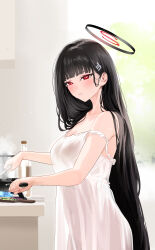 Rule 34 | 1girl, absurdres, black hair, blue archive, bottle, breasts, cleavage, collarbone, cooking, covered navel, frying pan, hair ornament, hairclip, halo, highres, holding, holding frying pan, indoors, kitchen, large breasts, lingerie, long hair, looking at viewer, negligee, nonbire, off shoulder, parted lips, red eyes, rio (blue archive), see-through, solo, sweat, sweatdrop, underwear, very long hair, white negligee