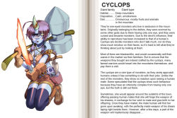Rule 34 | 1girl, belt, boots, character profile, cyclops, cyclops (monster girl encyclopedia), cyclops (mythology), english text, gloves, hammer, hard-translated, horns, kenkou cross, monster girl, monster girl encyclopedia, official art, one-eyed, purple hair, single horn, skull, sword, thighhighs, third-party edit, translated, weapon