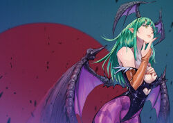 1girl animal_print bat_print bat_wings black_leotard bridal_gauntlets closed_mouth commentary_request darkstalkers demon_girl demon_wings green_hair head_wings highres leotard long_hair morrigan_aensland pantyhose pointy_ears print_pantyhose purple_pantyhose red_nails sarad_udon smile solo strapless strapless_leotard wings