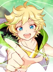 Rule 34 | 10s, 1boy, :d, blonde hair, blue eyes, earrings, ensemble stars!, eyebrows, harukawa sora, jewelry, male focus, open mouth, pointing, pointing at viewer, short hair, smile, solo, take no ko, thick eyebrows