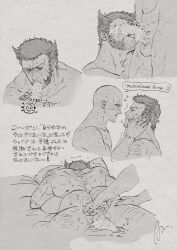 2boys absurdres anal_fingering arm_hair ass azuko_(@zuco) back bald beard blush censored commentary completely_nude couple cum deadpool deadpool_&amp;_wolverine deadpool_(series) english_commentary english_text erection facial_hair fellatio fingering full-face_blush hairy hands_on_another&#039;s_face heart highres leg_hair licking licking_penis lying male_focus marvel marvel_cinematic_universe mature_male multiple_boys muscular muscular_male nude on_stomach oral penis penis_grab pillow precum scar scars_all_over short_hair sweat teasing testicles tongue tongue_out too_many translation_request wolverine_(x-men) x-men yaoi